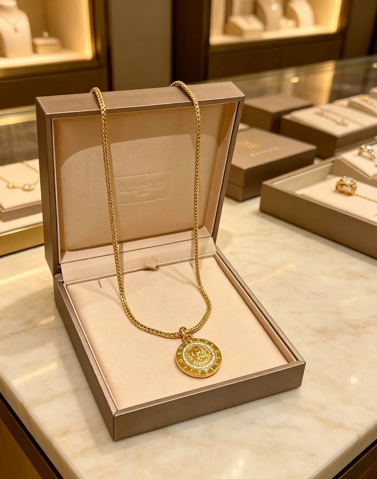 Bvlgari Medaglione সোনালী সাদা বোনা ফ্র্যাঙ্কো চেইন মুদ্রা-স্টাইল মেডেলিয়ন পেন্ড্যান্ট নেকলেস 6