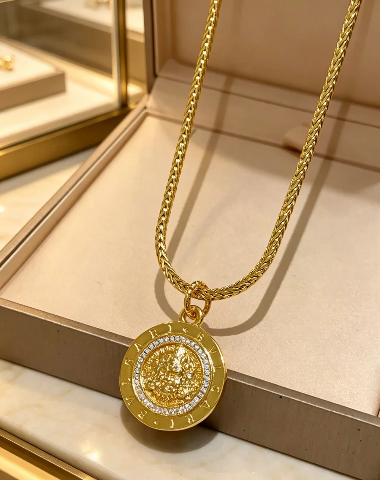 Bvlgari Medaglione সোনালী সাদা বোনা ফ্র্যাঙ্কো চেইন মুদ্রা-স্টাইল মেডেলিয়ন পেন্ড্যান্ট নেকলেস 9