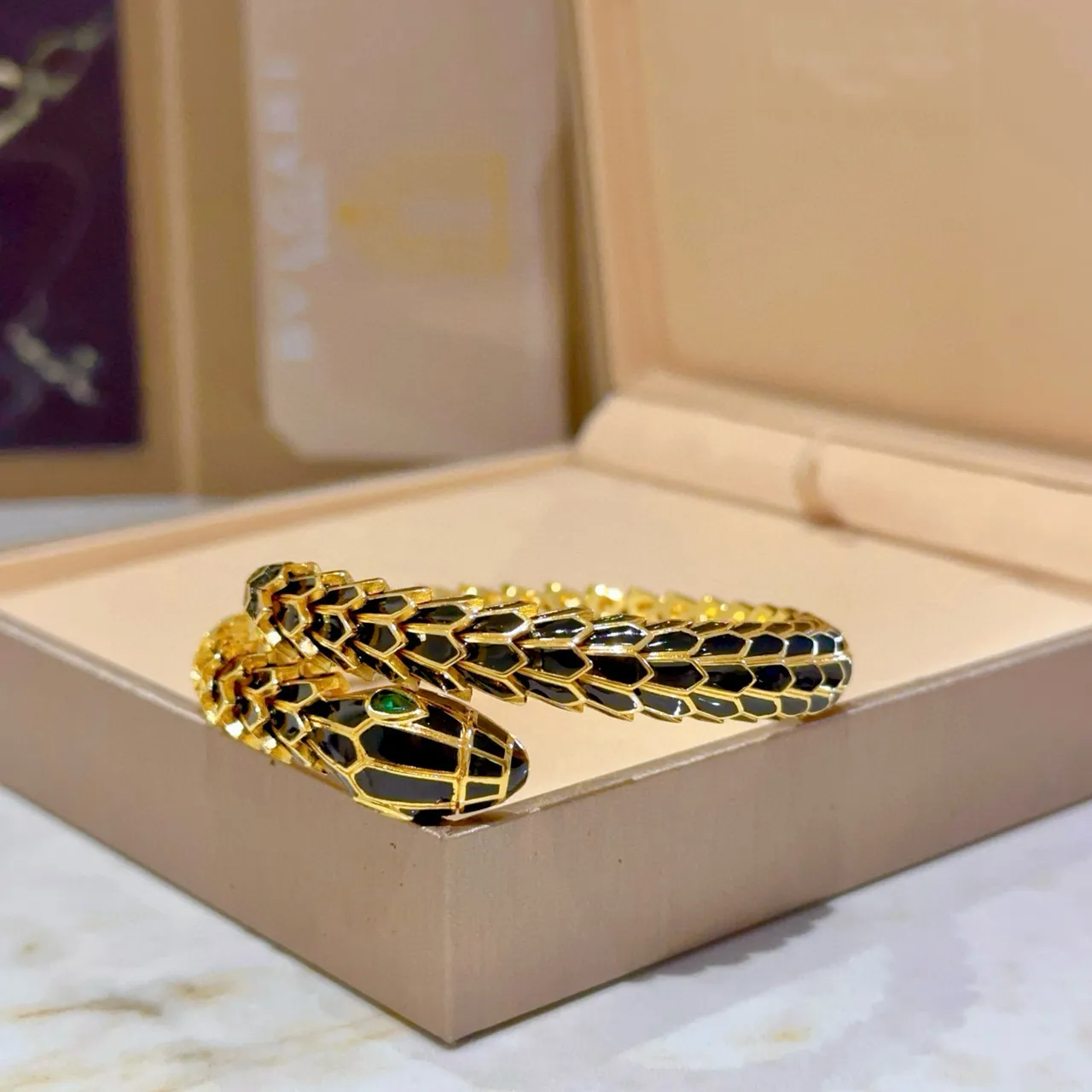 Bvlgari Serpenti Black Enamel and Emerald Eye Gold Bracelet 3
