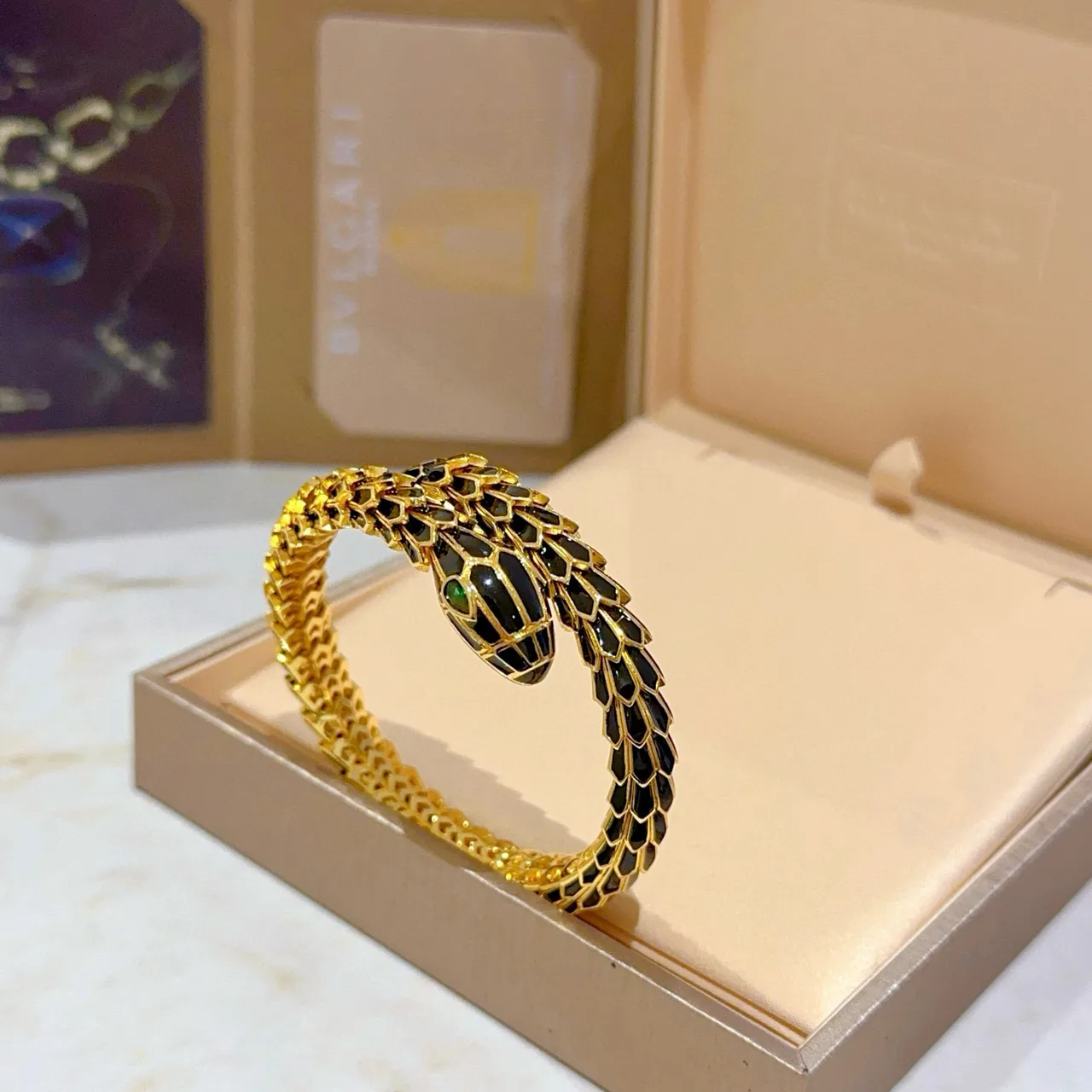 Bvlgari Serpenti Black Enamel and Emerald Eye Gold Bracelet 9
