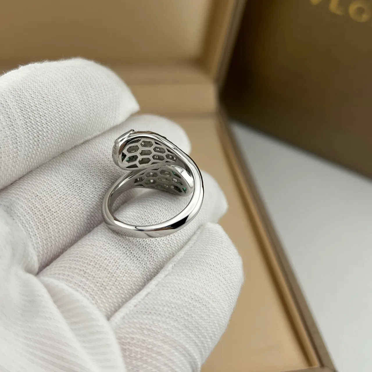 Bvlgari Serpenti Gold Silver Coiled Serpent Motif Pavé-Set Crystals Ring 3
