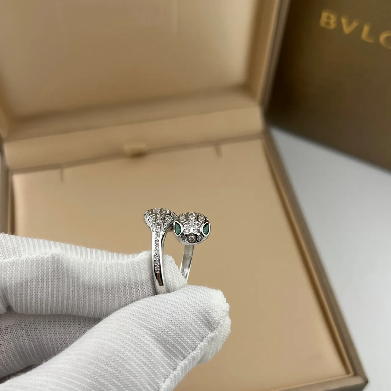 Bvlgari Serpenti Gold Silver Coiled Serpent Motif Pavé-Set Crystals Ring 4