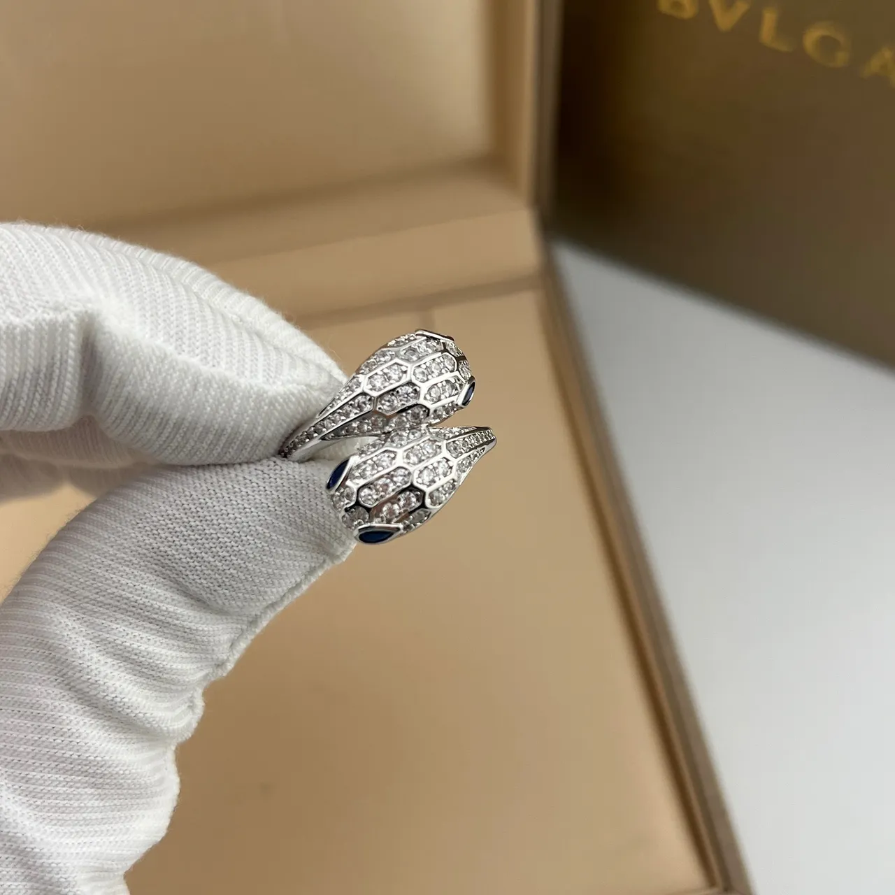 Bvlgari Serpenti Gold Silver Coiled Serpent Motif Pavé-Set Crystals Ring 5