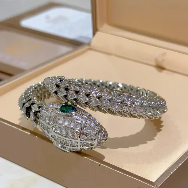 Bvlgari Serpenti Silver Green Serpent-Shaped Pavé-Set Bracelet 3