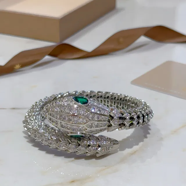 Bvlgari Serpenti Silver Green Serpent-Shaped Pavé-Set Bracelet 4