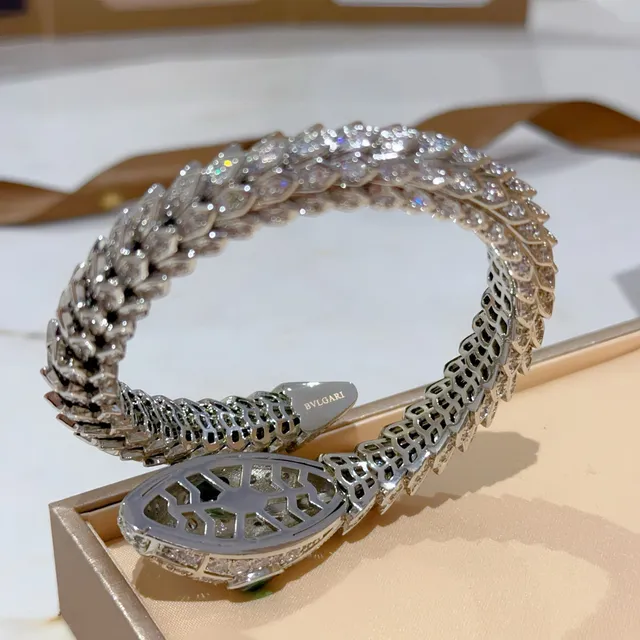 Bvlgari Serpenti Silver Green Serpent-Shaped Pavé-Set Bracelet 6