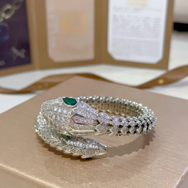 Bvlgari Serpenti Silver Green Serpent-Shaped Pavé-Set Bracelet 9