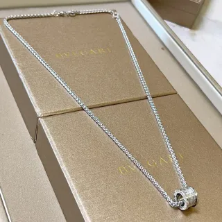 Bvlgari Silver Beige Chain Cylindrical Pavé Pendant Necklace