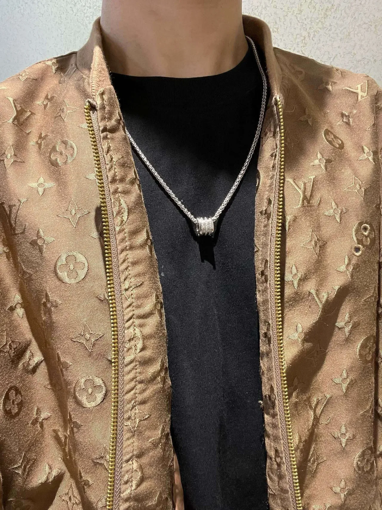 Bvlgari चांदी भूरा श्रृंखला सिलिंड्रिकल पैवें पेंडेंट नेकलेस 5