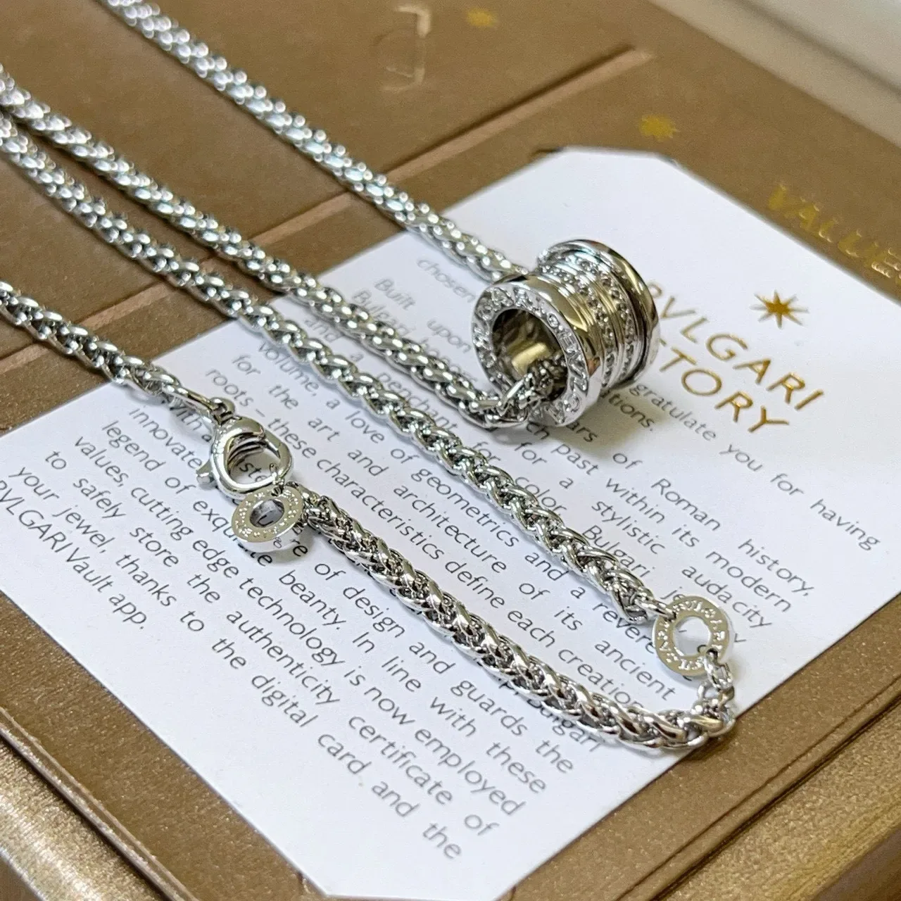 Bvlgari चांदी भूरा श्रृंखला सिलिंड्रिकल पैवें पेंडेंट नेकलेस 6