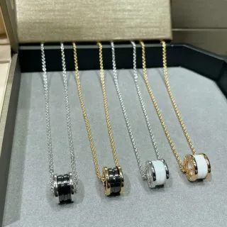 Bvlgari चांदी काला बैरल-आकार का पेंडेंट मल्टी-रिंग निर्माण नेकलेस