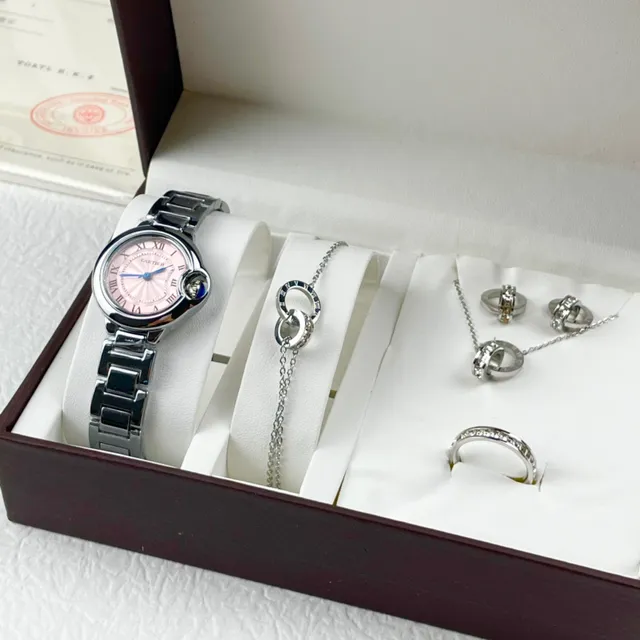 Cartier Ballon Bleu Pink Silver Round Case Crown Guard Necklace 5