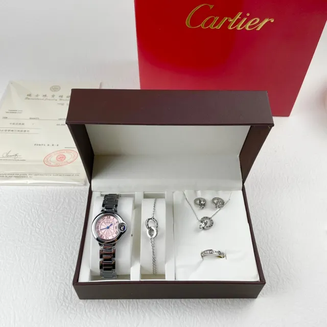 Cartier Ballon Bleu Pink Silver Round Case Crown Guard Necklace 6