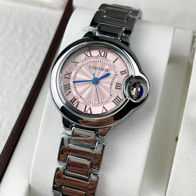 Cartier Ballon Bleu Pink Silver Round Case Crown Guard Necklace 8