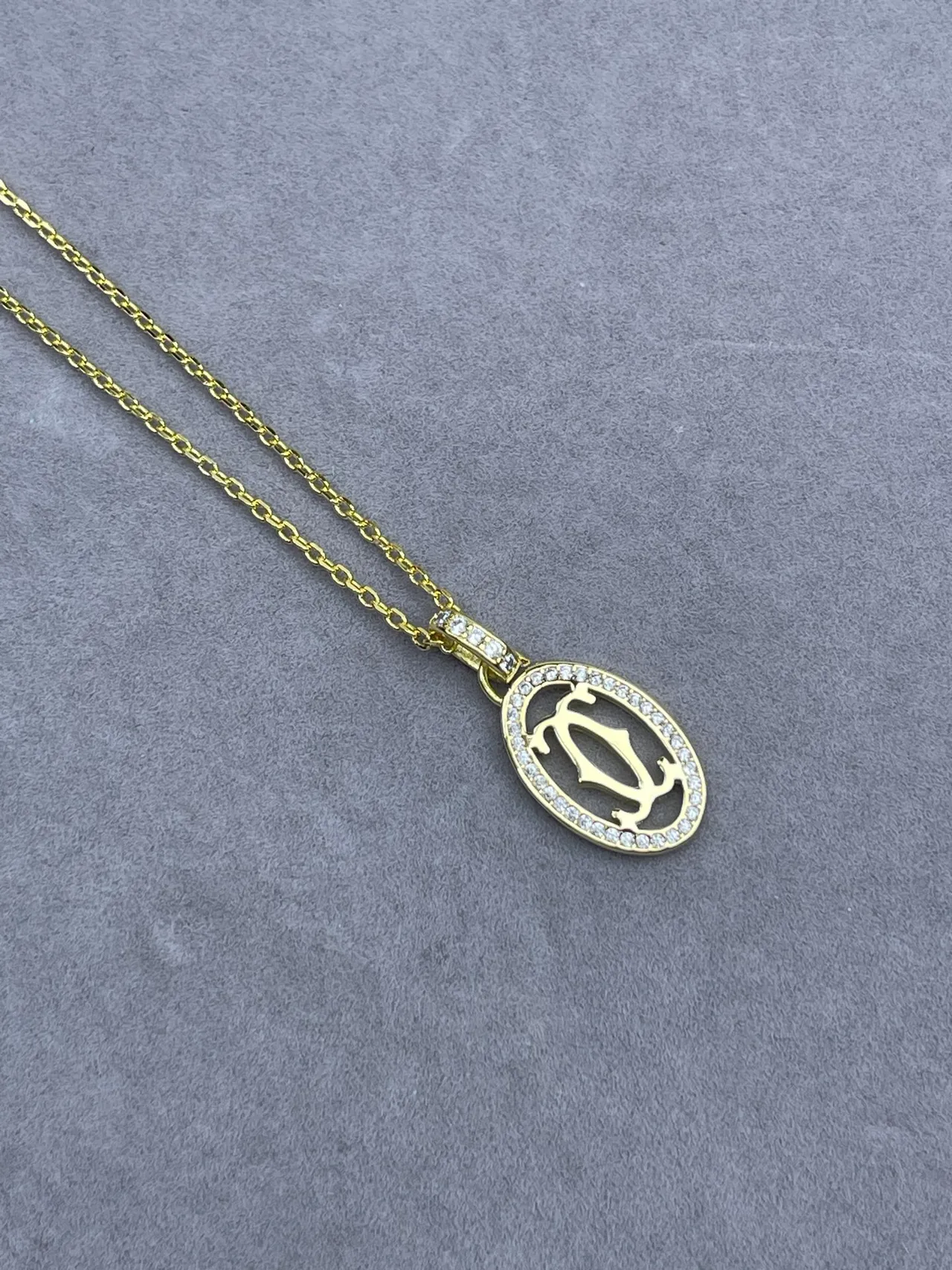 Cartier Gold Silver Oval Pendant Pavé Diamond Border Necklace 4