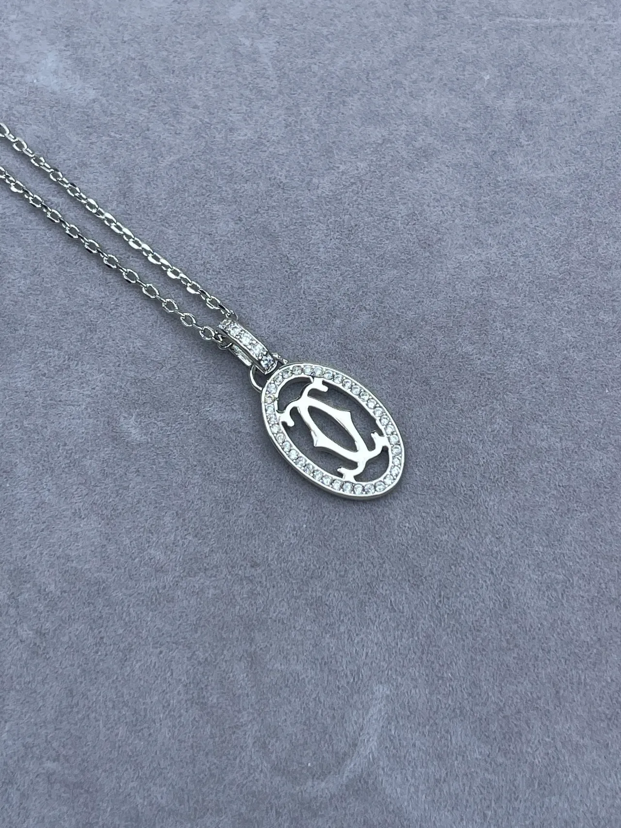 Cartier Gold Silver Oval Pendant Pavé Diamond Border Necklace 2