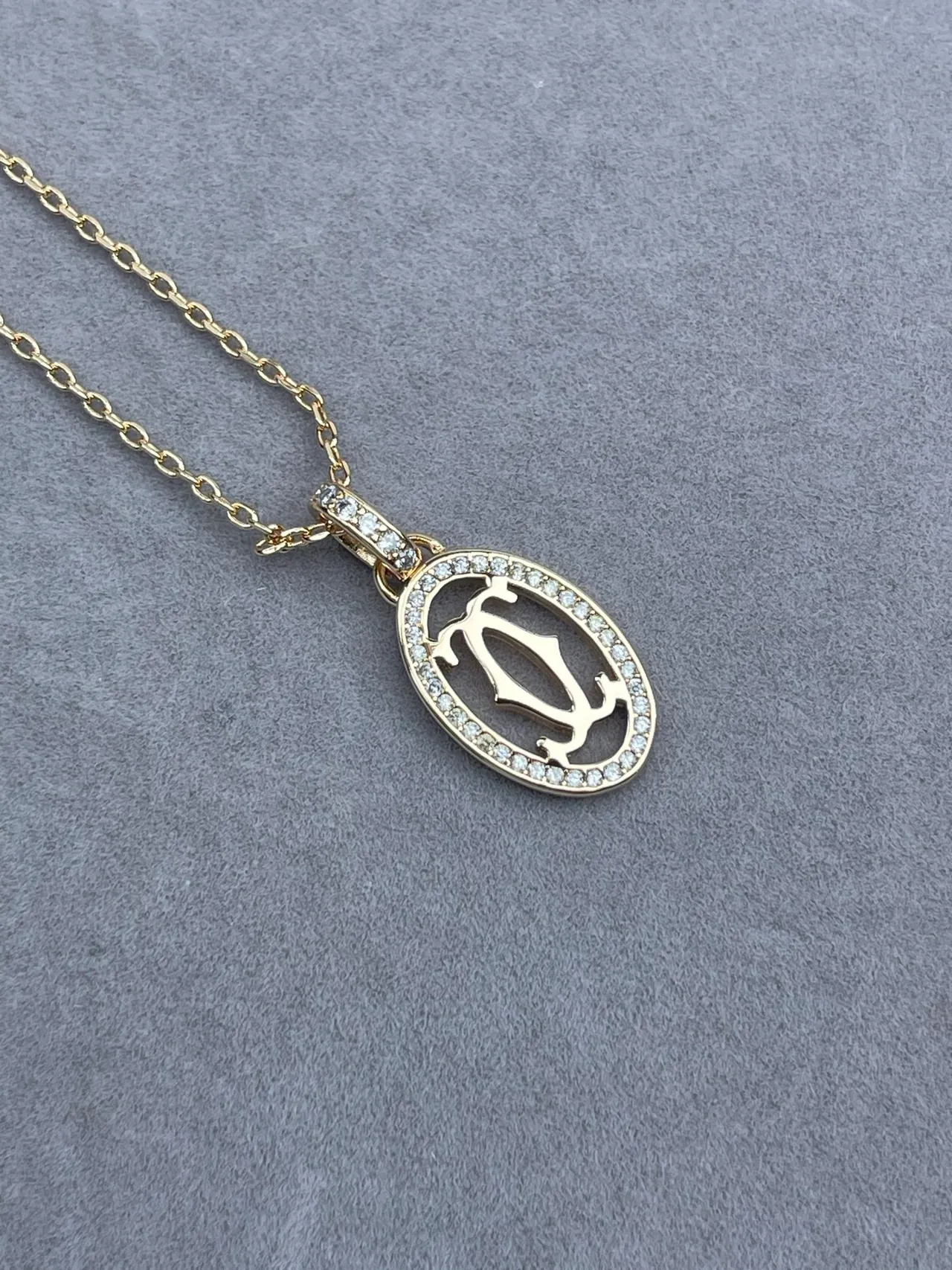 Cartier Gold Silver Oval Pendant Pavé Diamond Border Necklace 3