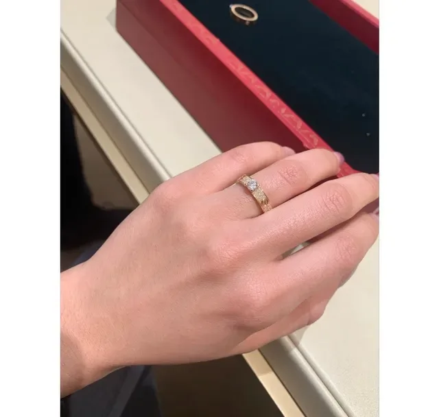Cartier Red Gold Paved Diamond Bands Central Round Stone Ring 3
