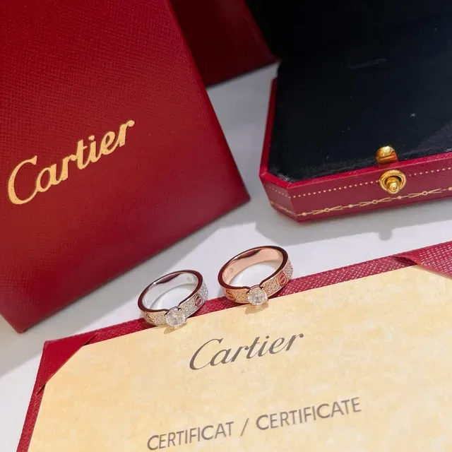 Cartier Red Gold Paved Diamond Bands Central Round Stone Ring 6