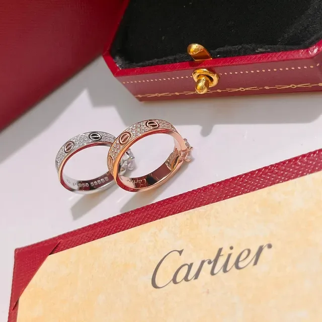 Cartier Red Gold Paved Diamond Bands Central Round Stone Ring 8