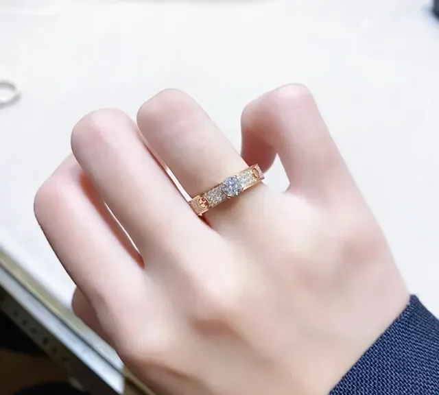 Cartier Red Gold Paved Diamond Bands Central Round Stone Ring 9