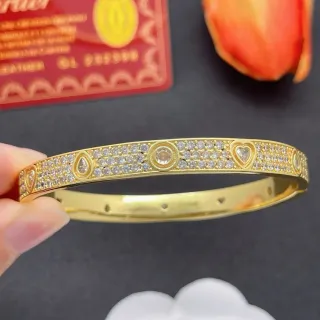 Cartier-Style Pavé Crystal Heart Oval Bangle Bracelet