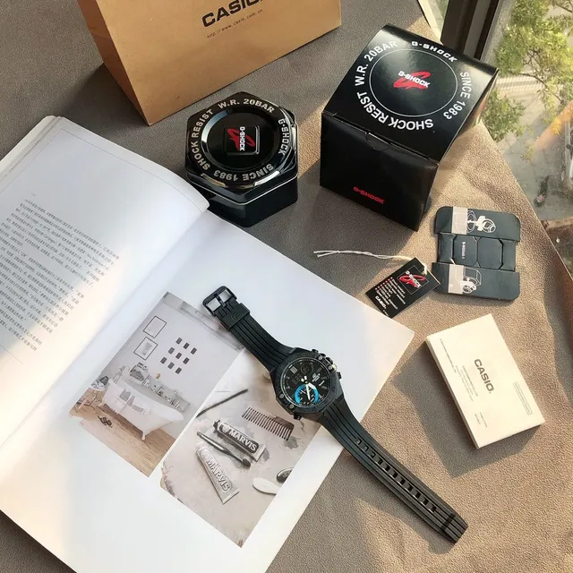 Casio Edifice Chronograph Bluetooth 黑色蓝色树脂表壳 纹理橡胶表带 运动手表 4
