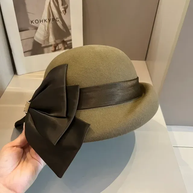 Celine Beret Beige Marron Feutre Satin Ruban Nœud 2