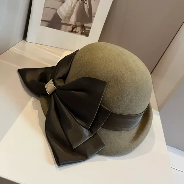 Celine Beret Beige Marron Feutre Satin Ruban Nœud 3
