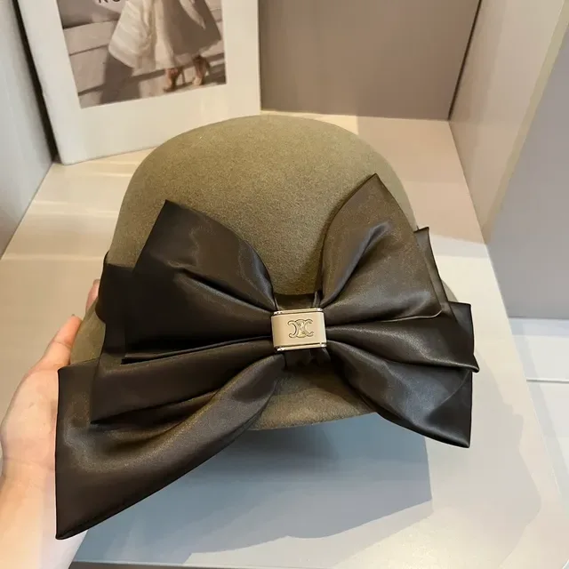Celine Beret Beige Marron Feutre Satin Ruban Nœud 4