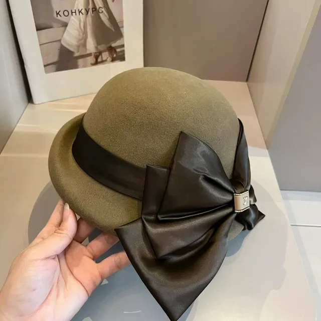 Celine Beret Beige Marron Feutre Satin Ruban Nœud 5