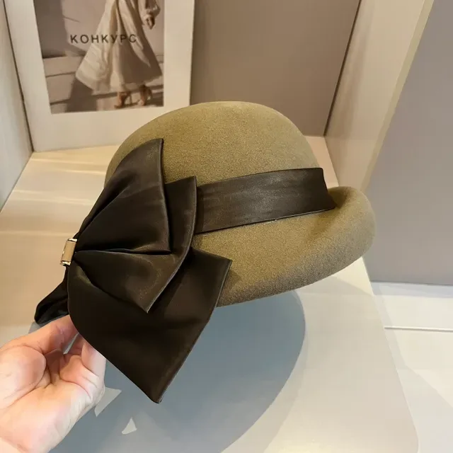 Celine Beret Beige Marron Feutre Satin Ruban Nœud 7