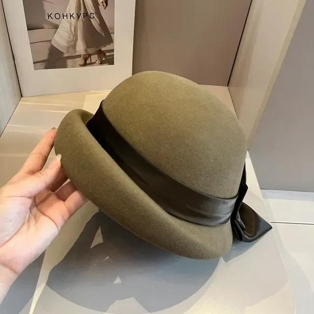 Celine Beret Beige Marron Feutre Satin Ruban Nœud 8