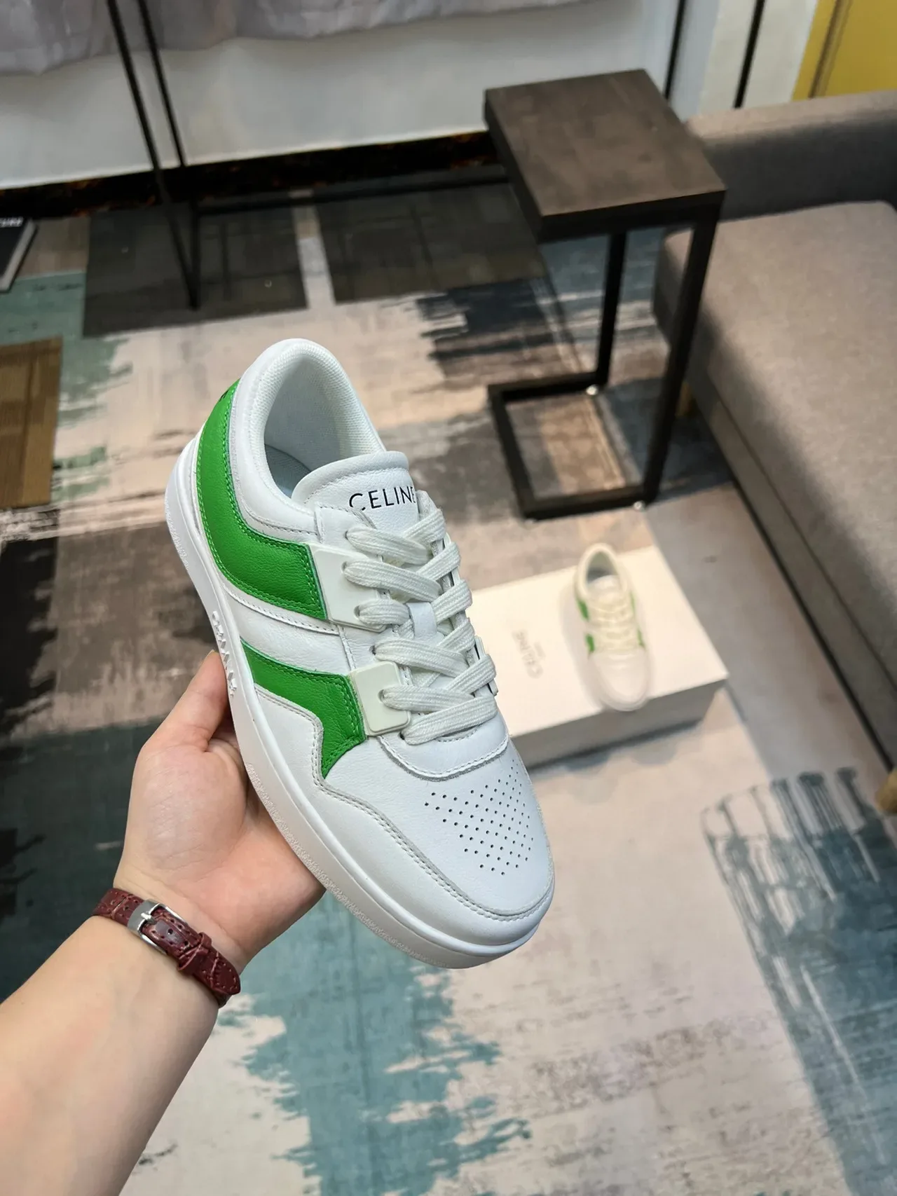 Celine CT-01 Sneakers Lifestyle en Cuir Blanc et Vert 6