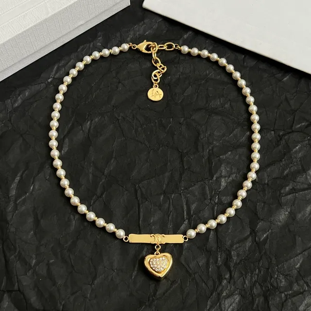 Celine 金色 白色 珍珠 串 硬件 项链 3