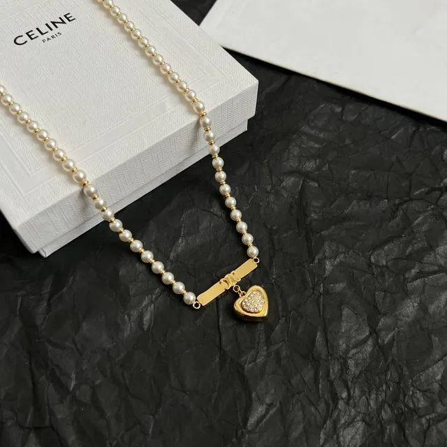 Celine 金色 白色 珍珠 串 硬件 项链 4