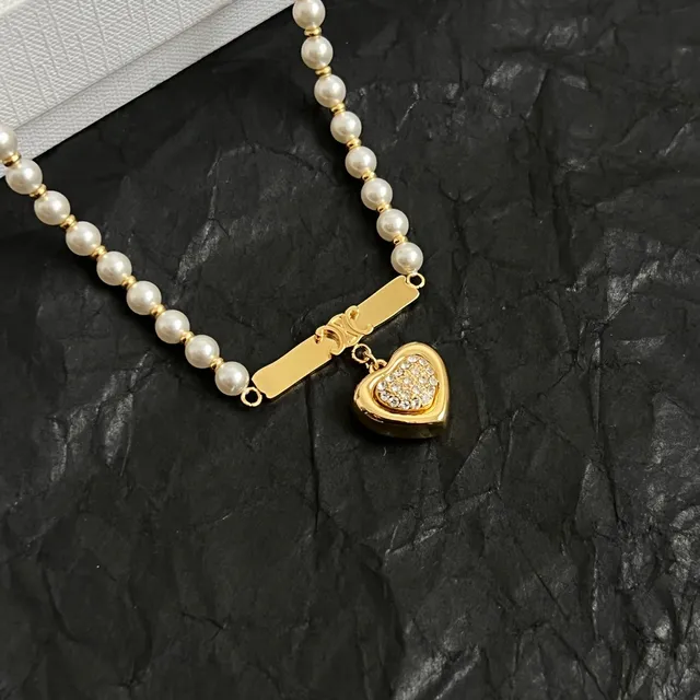 Celine 金色 白色 珍珠 串 硬件 项链 5