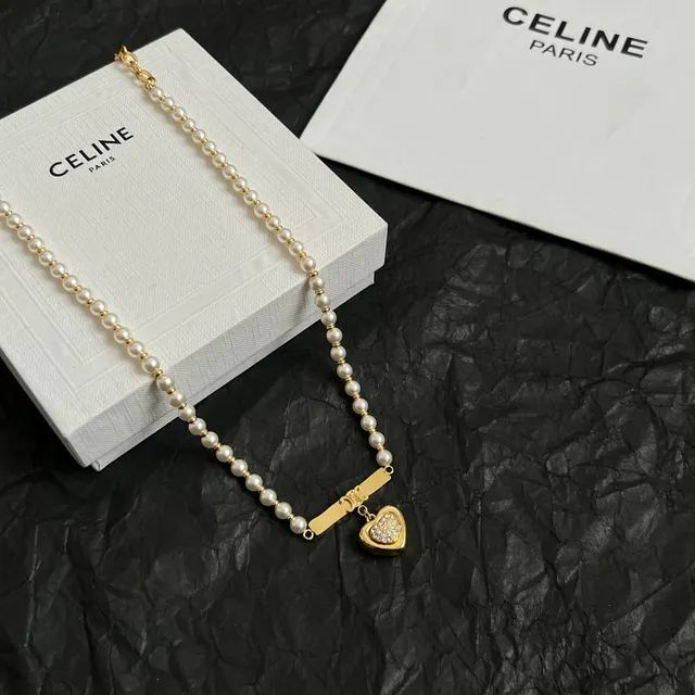 Celine 金色 白色 珍珠 串 硬件 项链 6