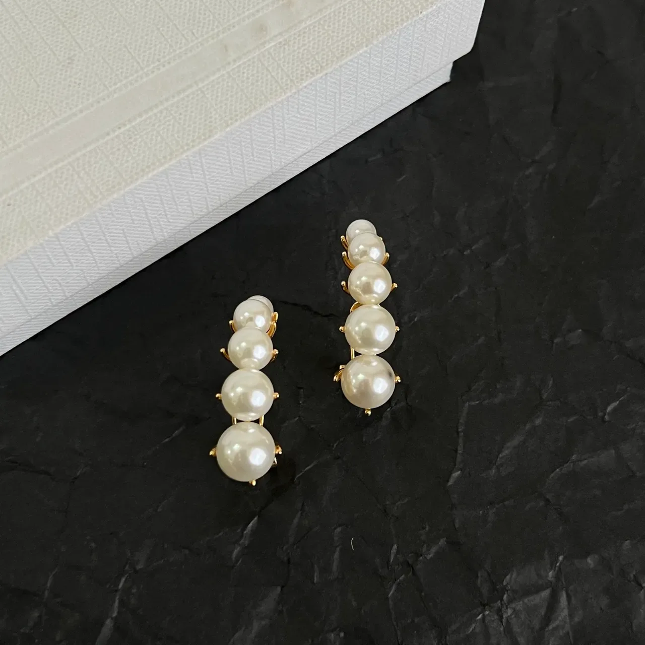Celine White Gold Vertical Pearl Cluster Metal Earrings 4