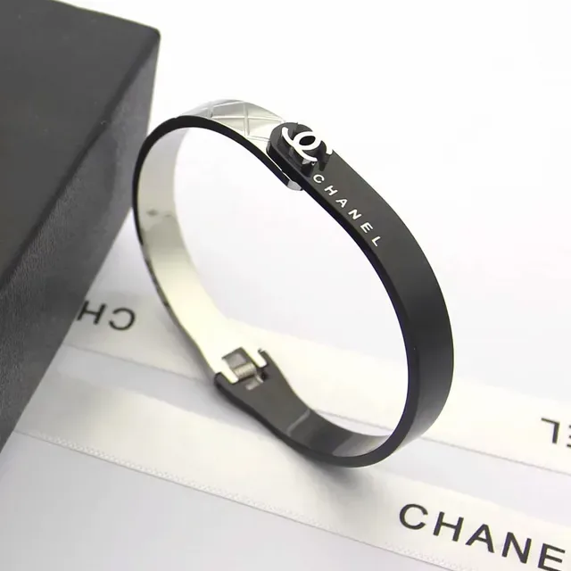 Chanel Bangle Black Gold Rigid Engraved Branding Bracelet 2