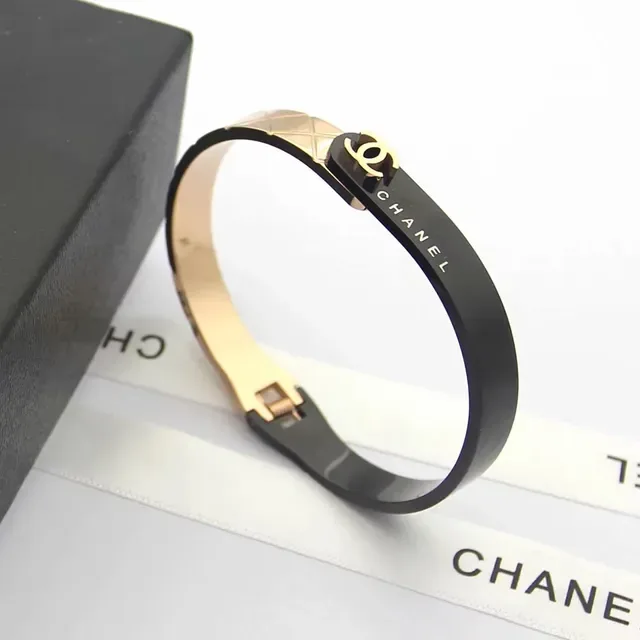 Chanel Bangle Black Gold Rigid Engraved Branding Bracelet 3