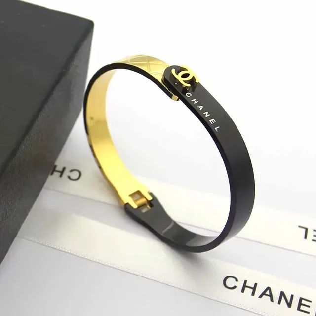 Chanel Bangle Black Gold Rigid Engraved Branding Bracelet 4