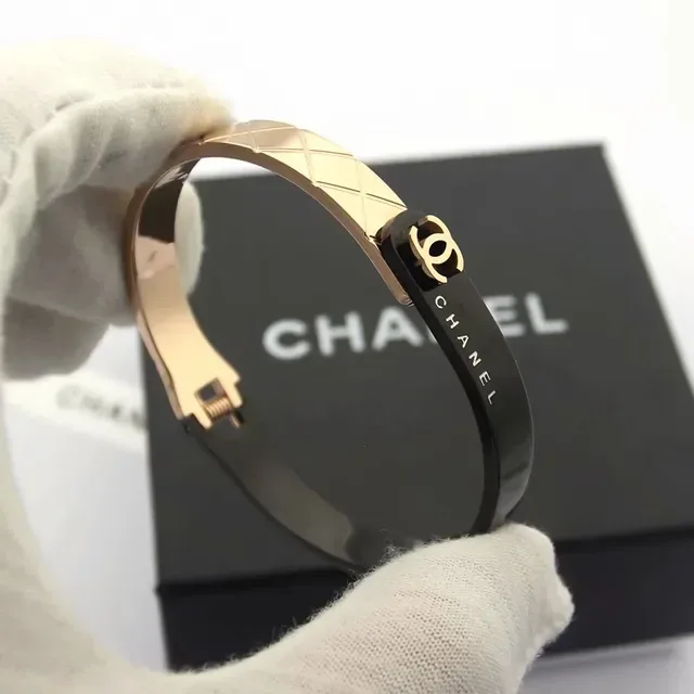 Chanel Bangle Black Gold Rigid Engraved Branding Bracelet 5