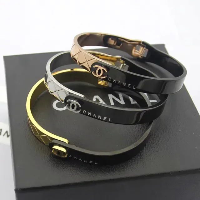 Chanel Bangle Black Gold Rigid Engraved Branding Bracelet 6