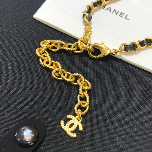 Chanel Black Gold Chain Leather Cord Necklace 4
