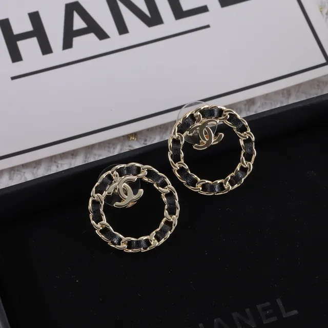 Chanel Black Gold Circular Hoop Interwoven Chain Earrings 4