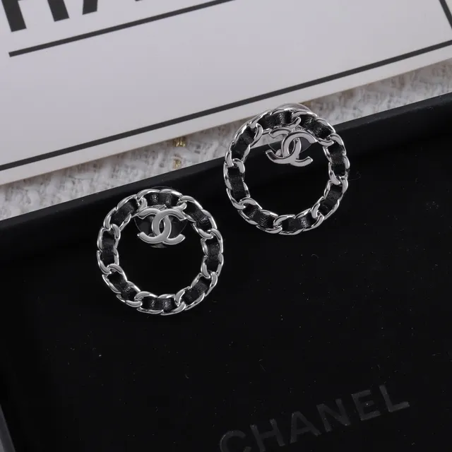 Chanel Black Gold Circular Hoop Interwoven Chain Earrings 5