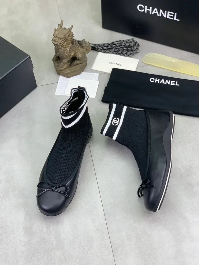 Chanel Black White Knit Sock Ankle Leather Toe Cap Ballet Flat 5
