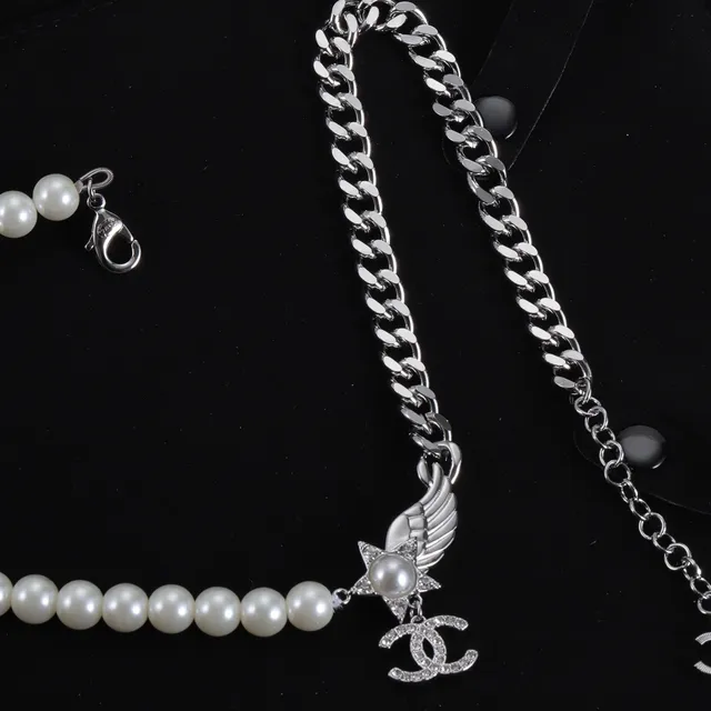 Chanel Camellia Pearl Necklace White Silver Strand Curb Chain Necklace 3