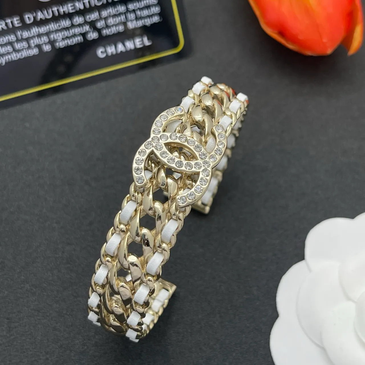 Chanel CC Pulseira Ouro Branco Corrente de Eslabões Curvos Inserções de Resina Pulseira 6